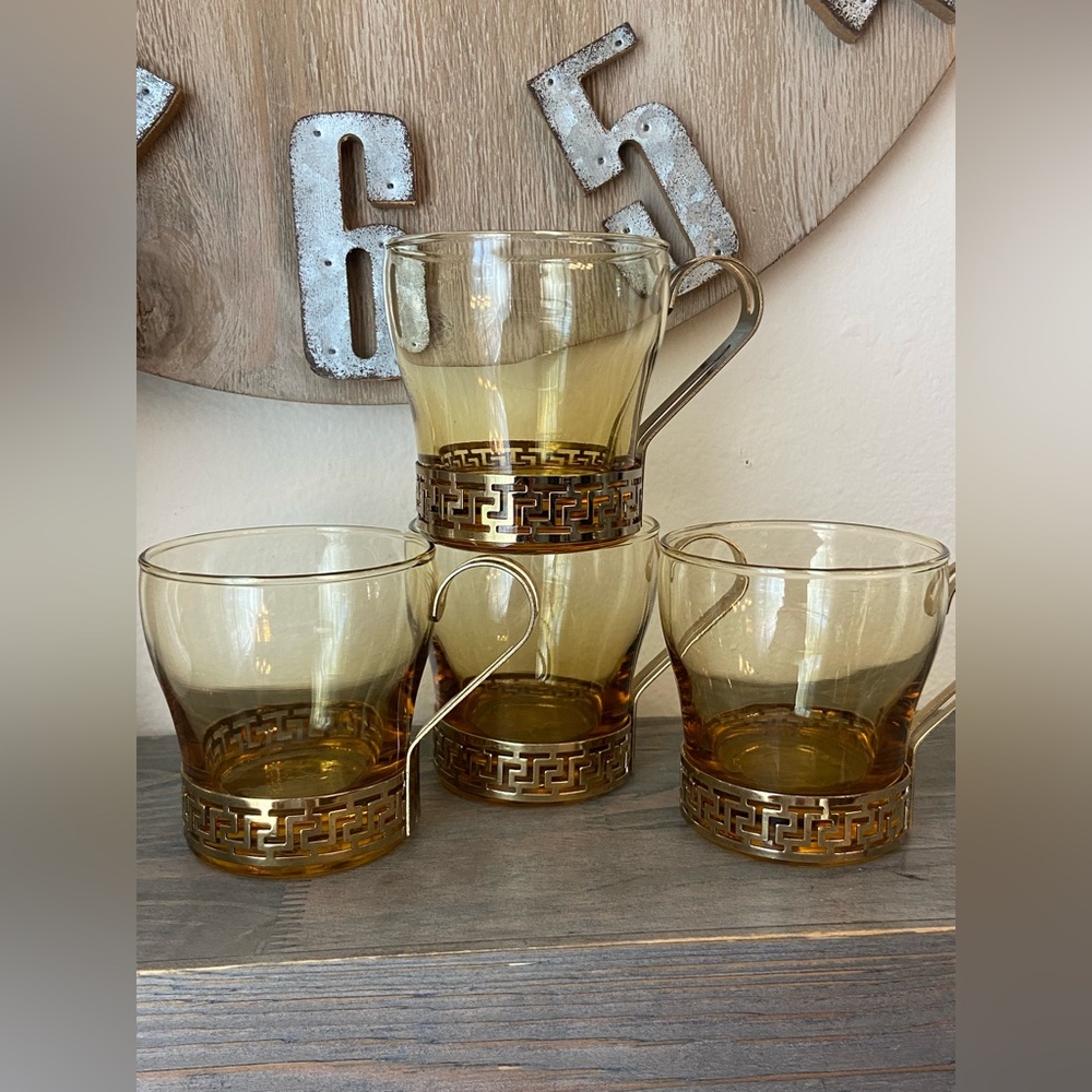 4 Vtg Libbey Amber Continental Greek Key Cups Gold Colored Metal Handle espresso